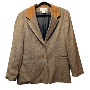 Vintage Norton McNaughton Tweed Wool Blend Equestrian Blazer 16 Suede Collar